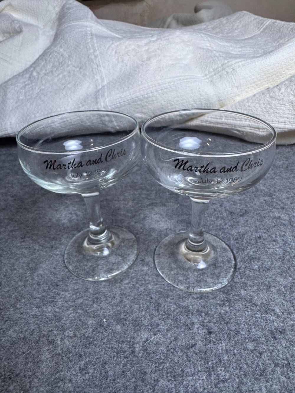 Vintage 1980 Personalized Wedding Champagne Coupe Glasses, Set of 2